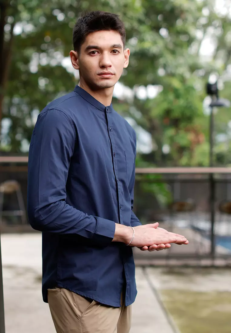 Oxcon Collarless Long Sleeve Business Shirt soft cotton Navy