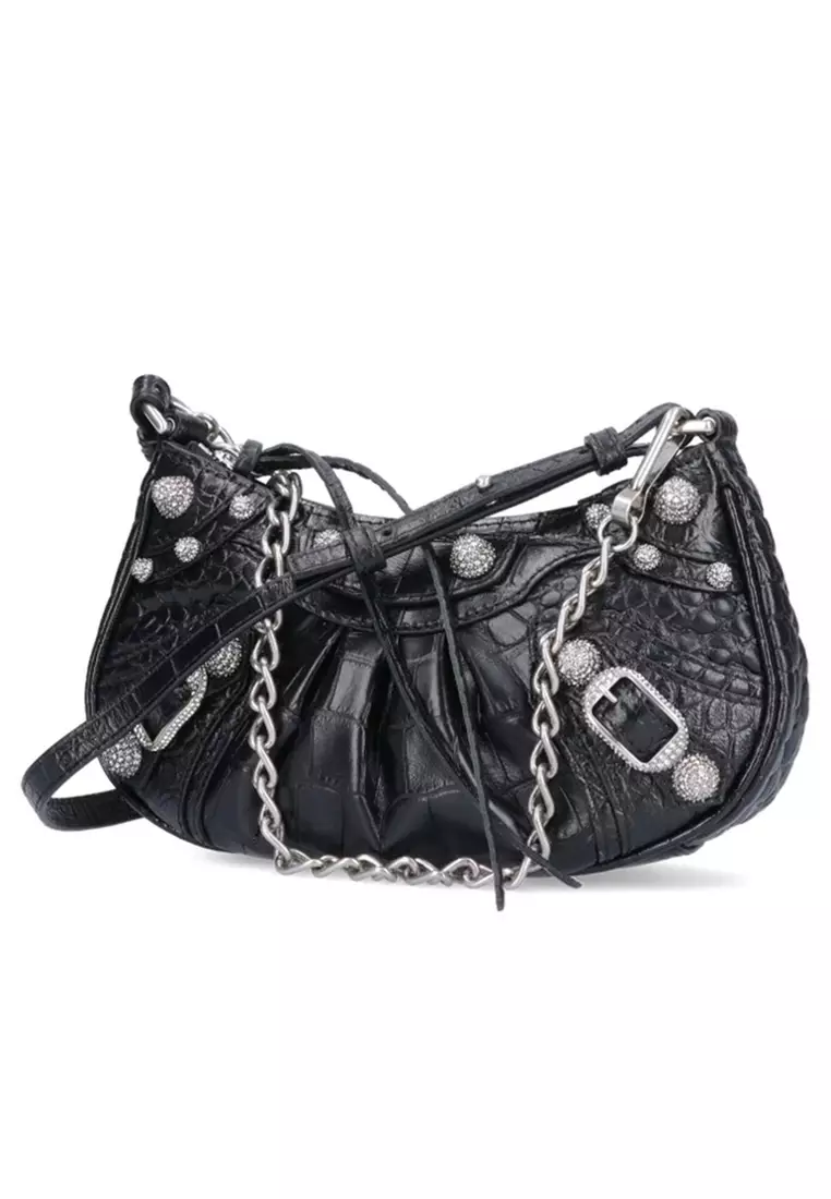 Chain Crocodile Embossed With Rhinestones Le Cagole Mini Shoulder Bag in Black