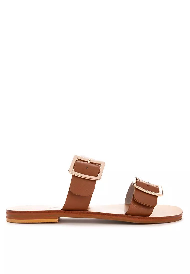 Two Strap Leather Slide Flats