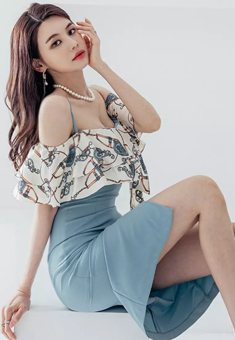 Sexy Suspender Print Ruffled Hip One Piece Dress A22022529