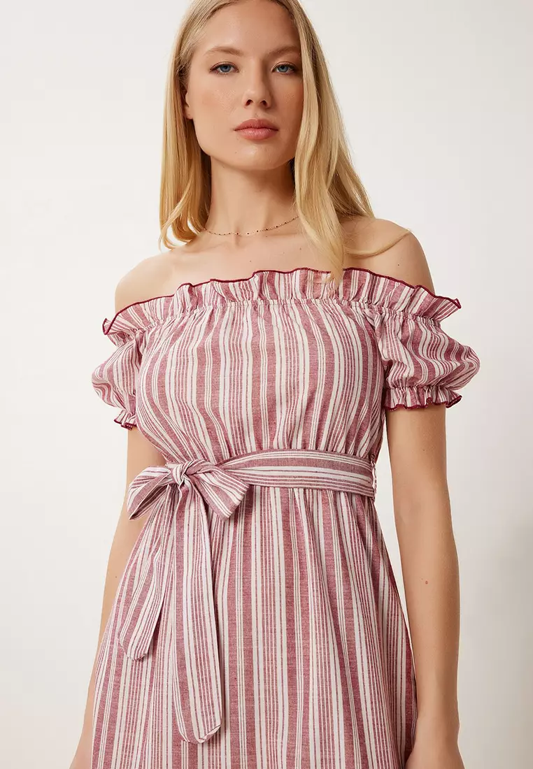 Women's Bone Burgundy Striped Off-The-Shoulder Summer Linen Dress Li̇00120