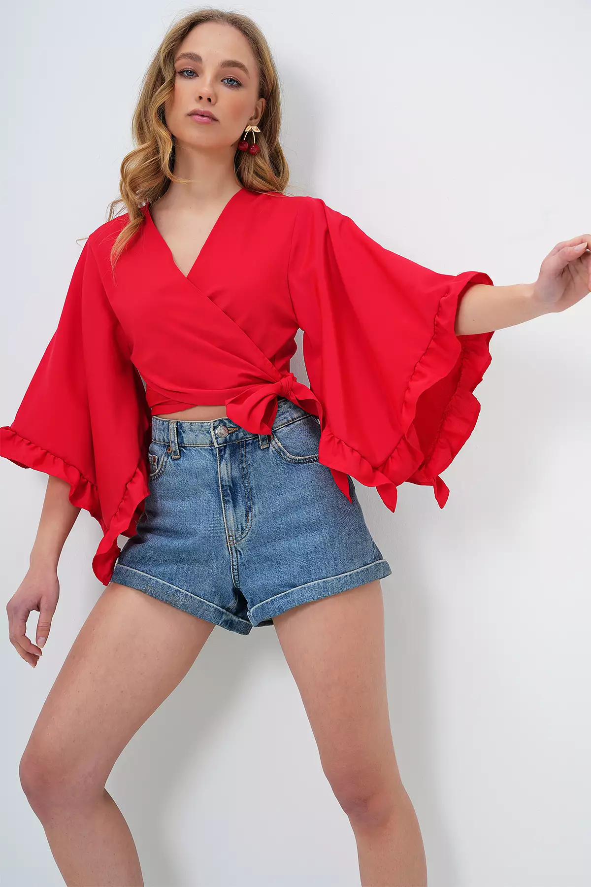 Flared Sleeves Linen Crop Woven Blouse