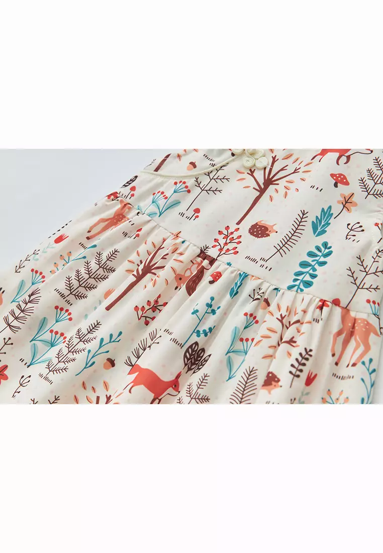 女童印花漢服唐裝褶邊袖裙狐狸森林新年拜年衣服