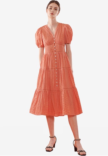 Saturday Club orange V-Neck Button-up Tier Lace Dress with Puff Sleeves 987B2AA9C8EB6CGS_1