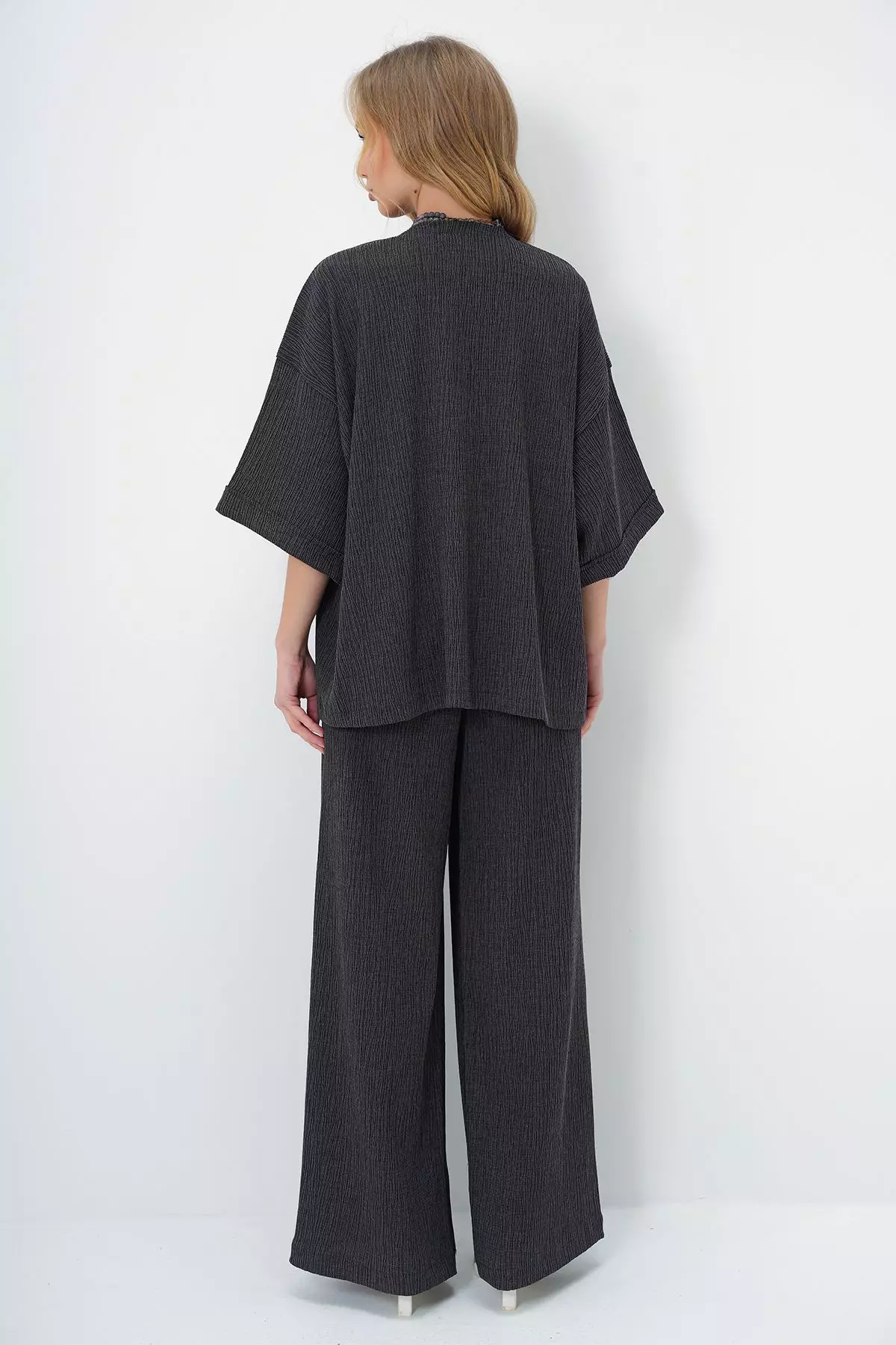 Women's Anthracite Double Sleeve Wrap Fabric Summer Kimono And Trouser Set