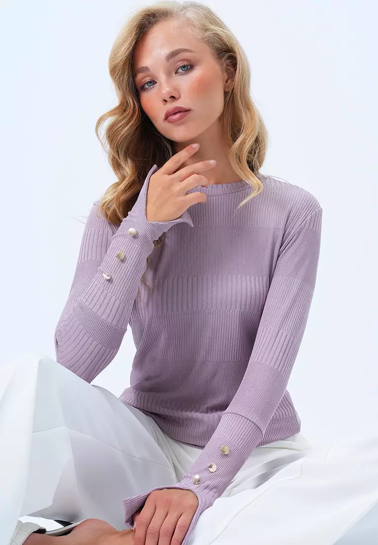 Women's Lilac Crew Neck Self-Patterned Button Detailed Basic Mercerized Blouse Alc-X14417