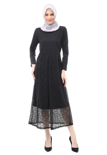 Evernoon black Alveera Gamis Brukat Muslimah Long Dress Regular Fit - Hitam 5B3B2AA6EA12F6GS_1