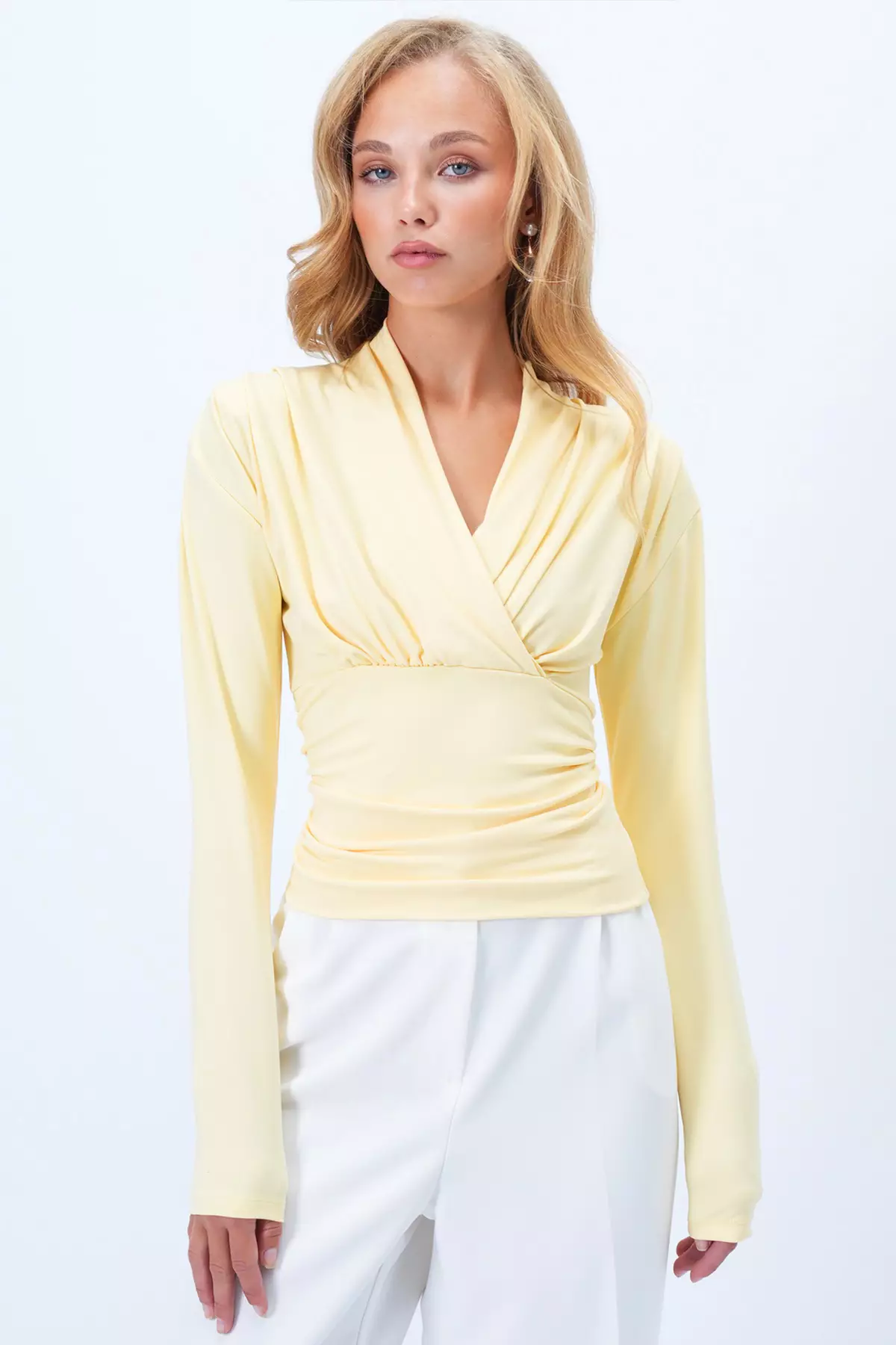 Women's Yellow Double-Breasted V-Neck Waist Corsage Sandy Blouse Alc-X14372
