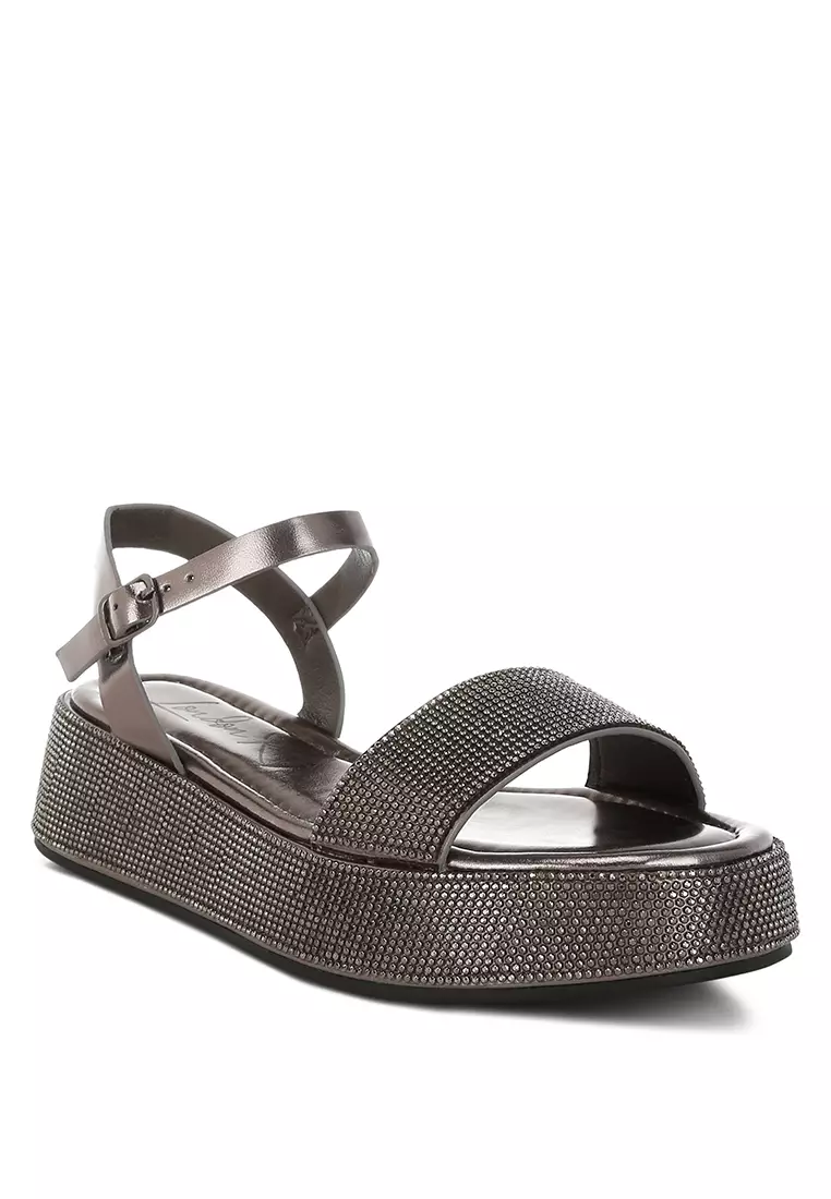 Rhinestone Embellished Flatform Sandals in Pewter