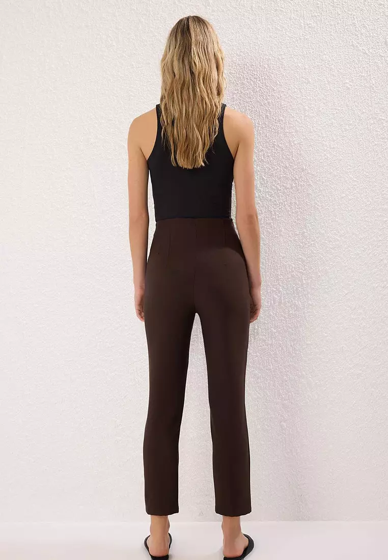 Dark Brown Cigarette Cut Darted High Waist Ankle Length Woven Fabric Trousers TWOSS20PL0515