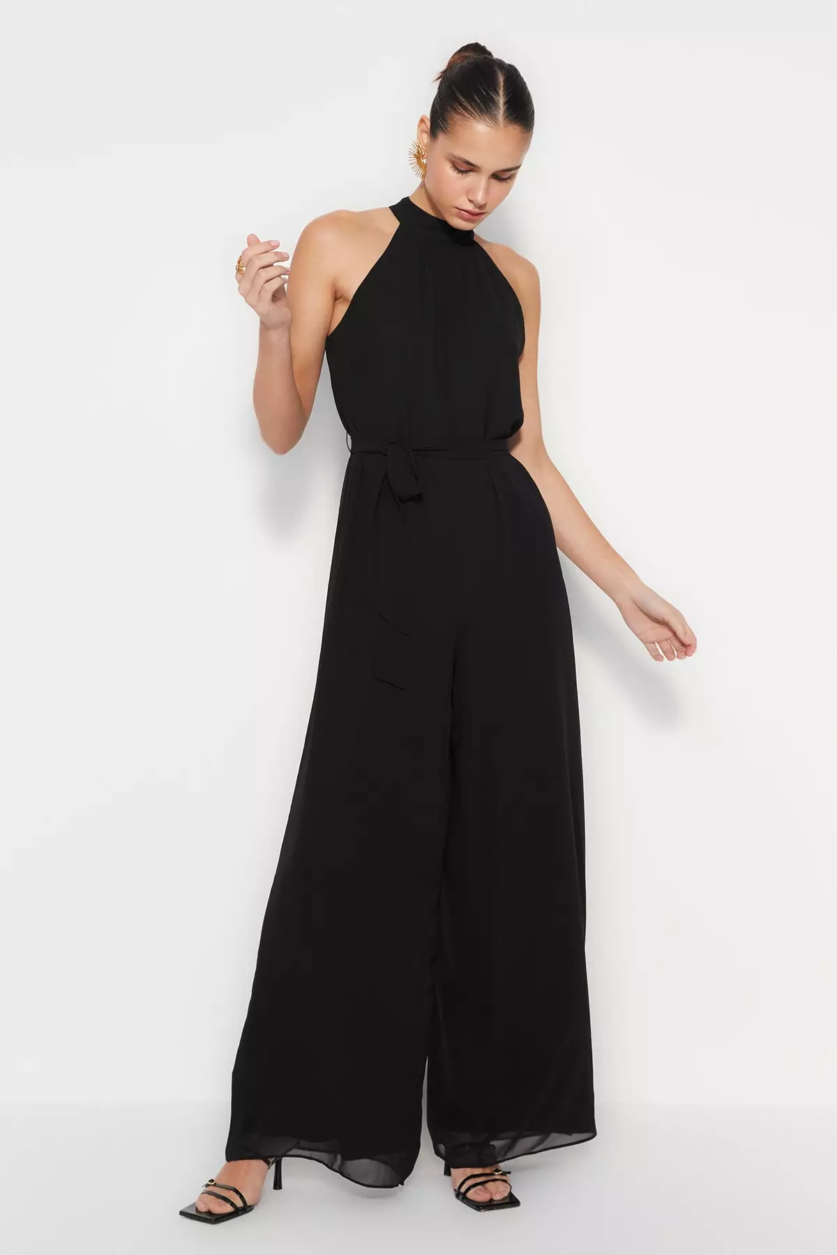 Belted Maxi Chiffon Lined Woven Jumpsuit
