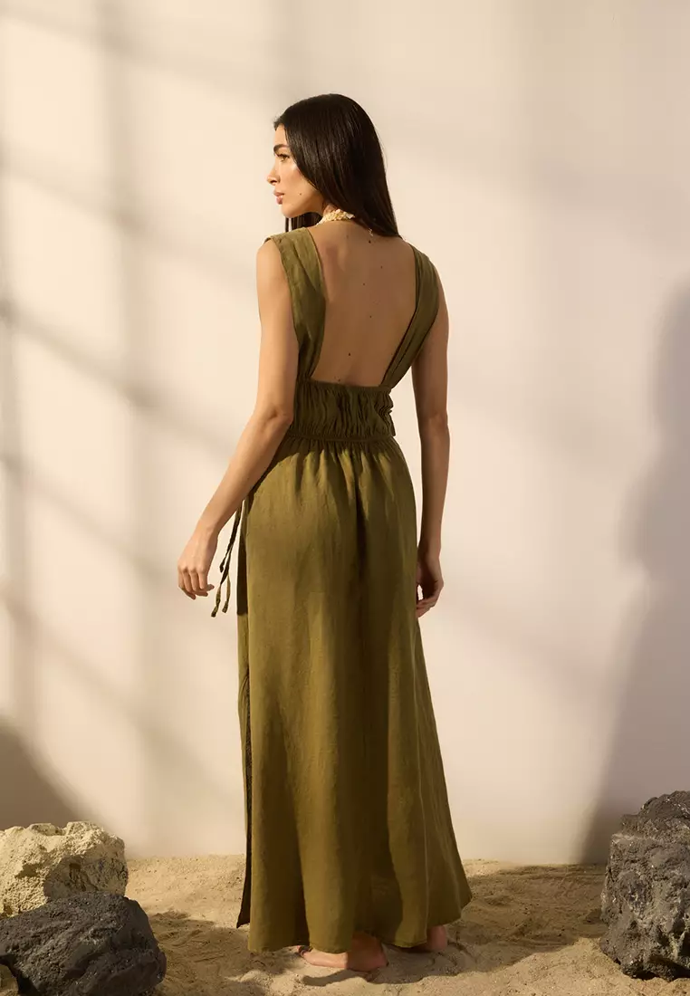 Khaki Maxi Woven 100% Linen Shirring Detailed Beach Dress TBESS25EL00105