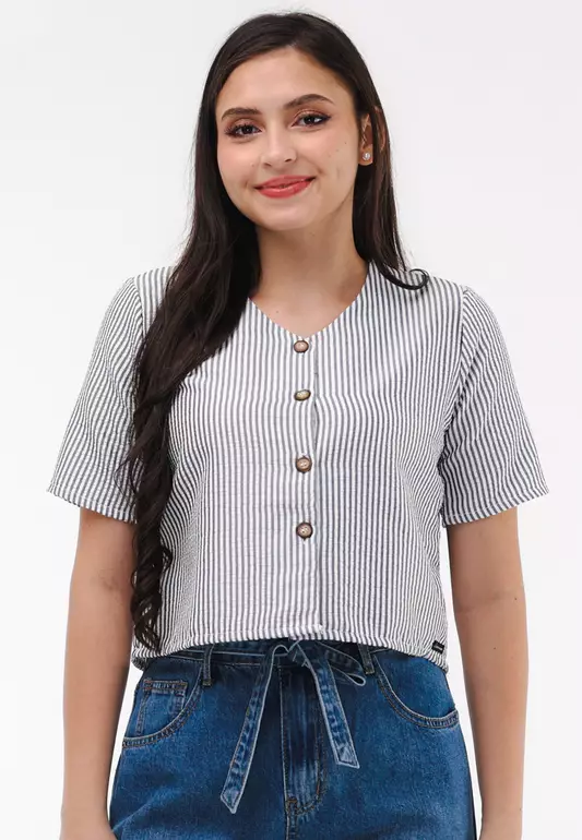Stripes Cotton Short Sleeves Blouse