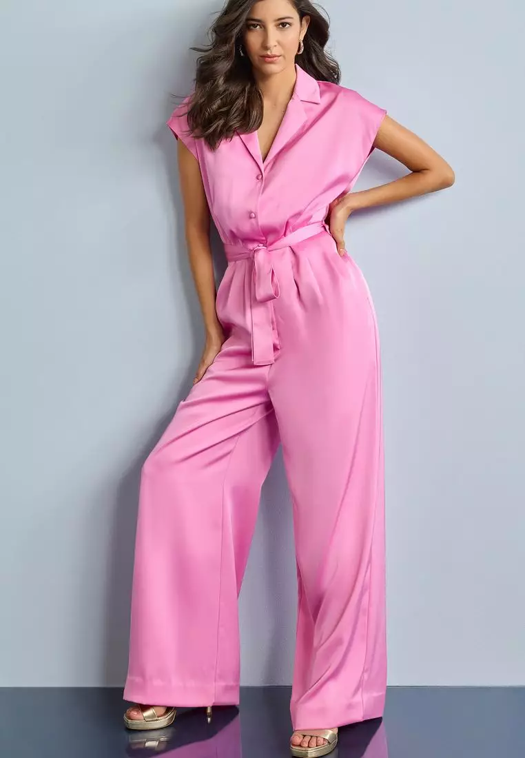 Buy NEXT Satin Belted Wide Leg Jumpsuit in Bright Pink 2024 Online