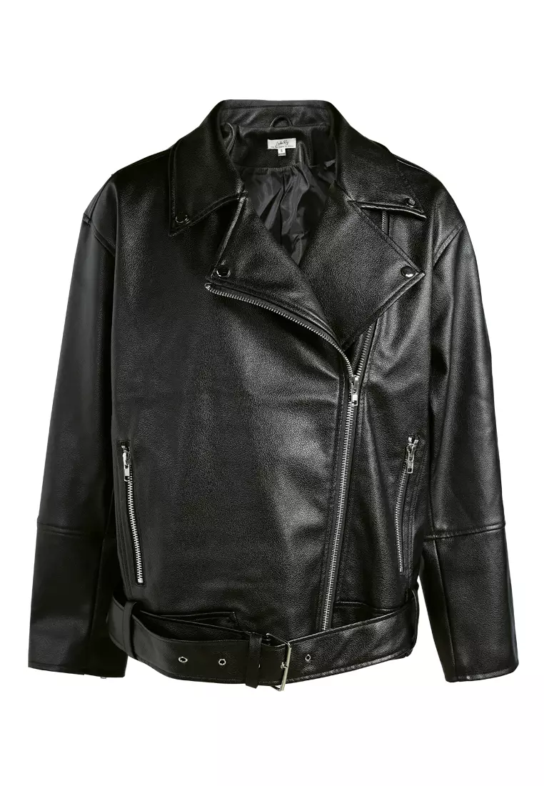 Unisex Belted Oversized Biker Jacket in Black