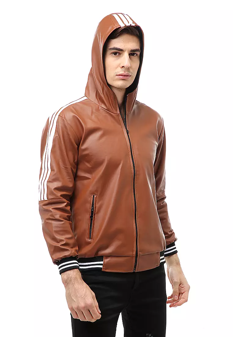 Halbert Outerwear Jaket Kulit Hoodie Pria Model List Material Leather ORIGINAL - Light Brown