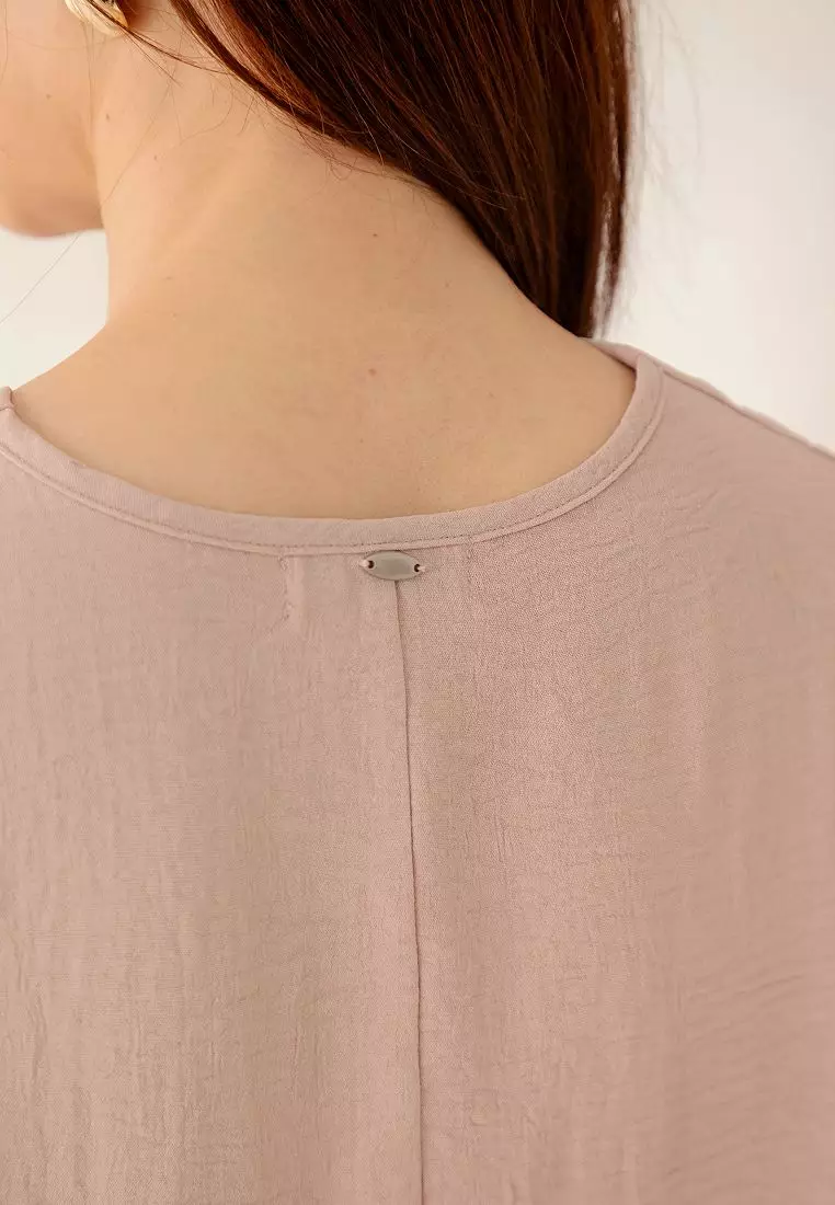 Textured Wrinkled V-Neck Top with Elbow-Length Sleeves [AB20350]