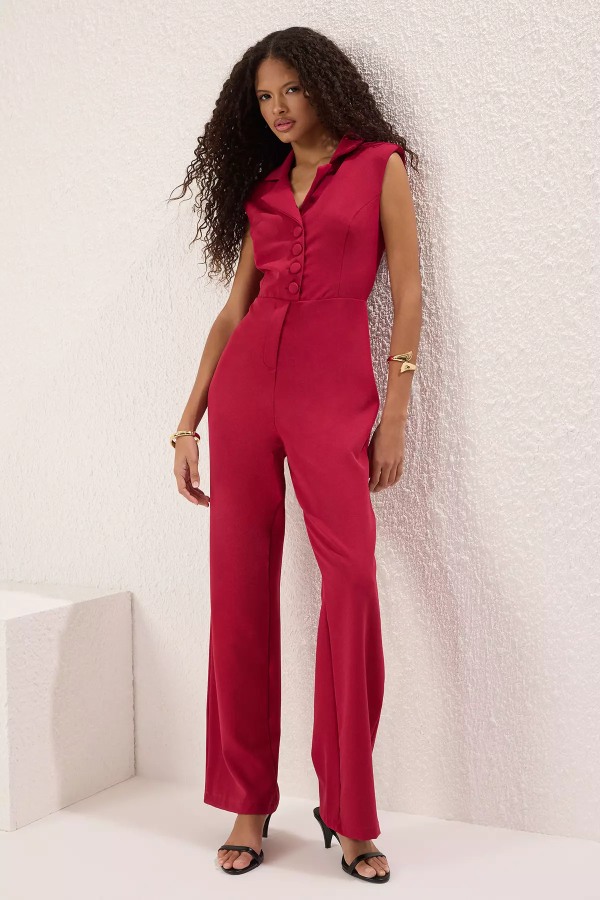 Dark Jacket Collar Button Detailed Woven Jumpsuit