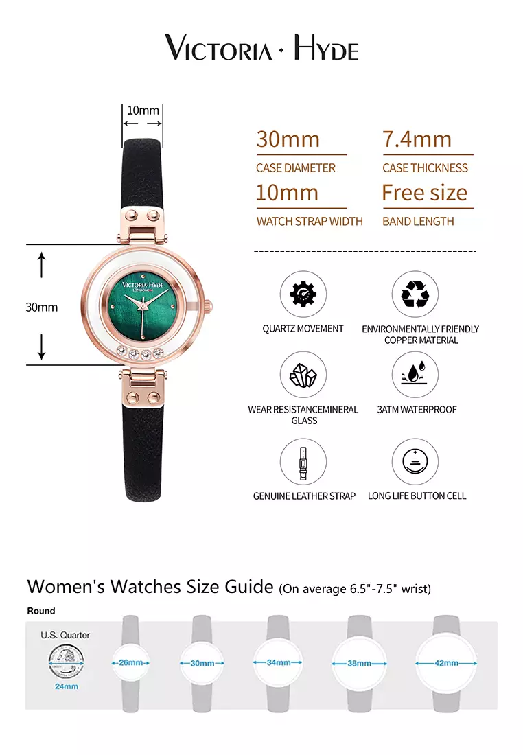 Sparkle Star 女士手表 真皮表帶 30mm玫瑰金表殼 綠色表面 流動鑽石-黑色