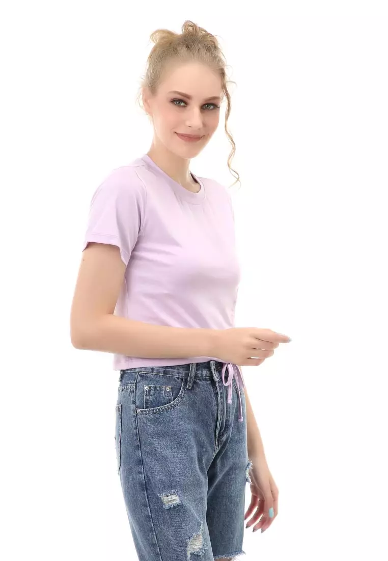 Genevie T-Shirt Kaos Crop Atasan Kasual Wanita Lengan Pendek Material Span Single Jersey ORIGINAL - Lilac