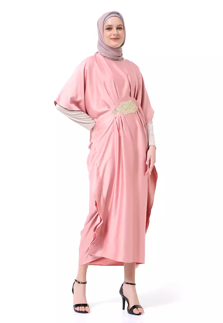 Illona Kaftan Dress Premium Fashion Muslimah Motif Polos Regular Fit - Pink