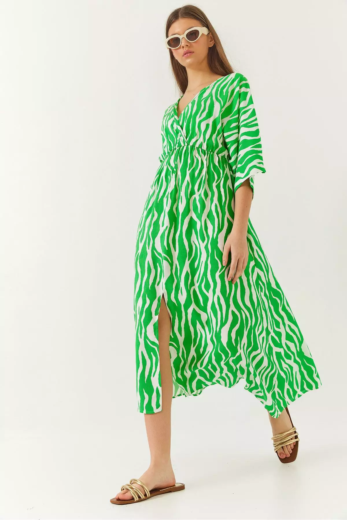 Women's Double Breasted V Neck Front Slit Detail Print Dress 60261411