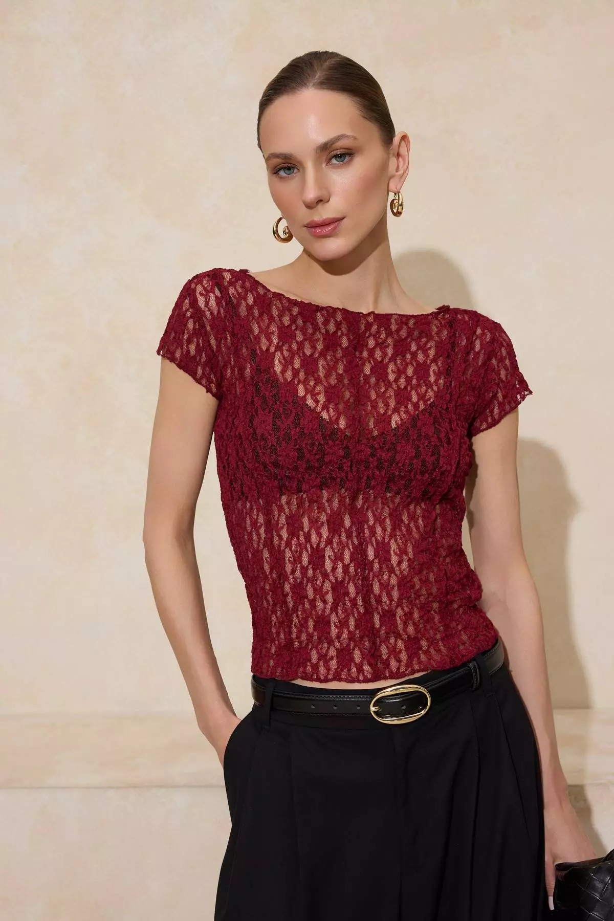 Burgundy Fitted/Bodycon Boat Neck Short Sleeve Lace Knitted Blouse Twoss26Bz185