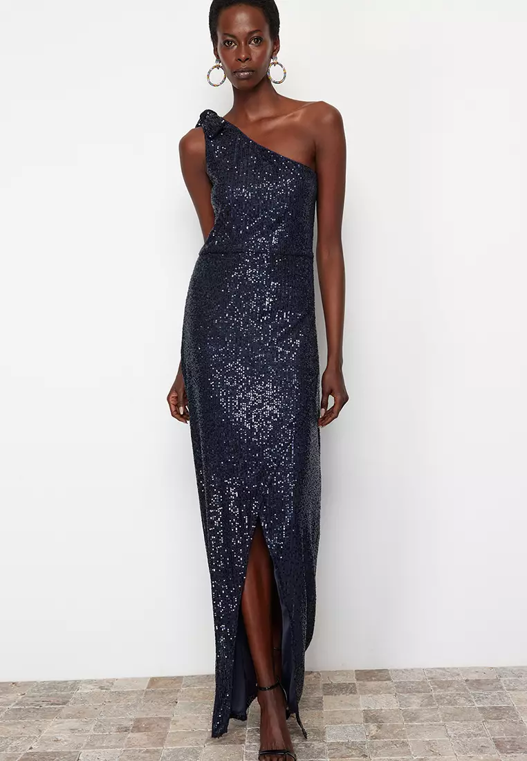 Single Sleeve Sequin Long Elegant Evening Dress