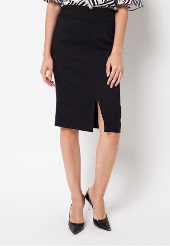 Plain Middle Split Skirts-Black
