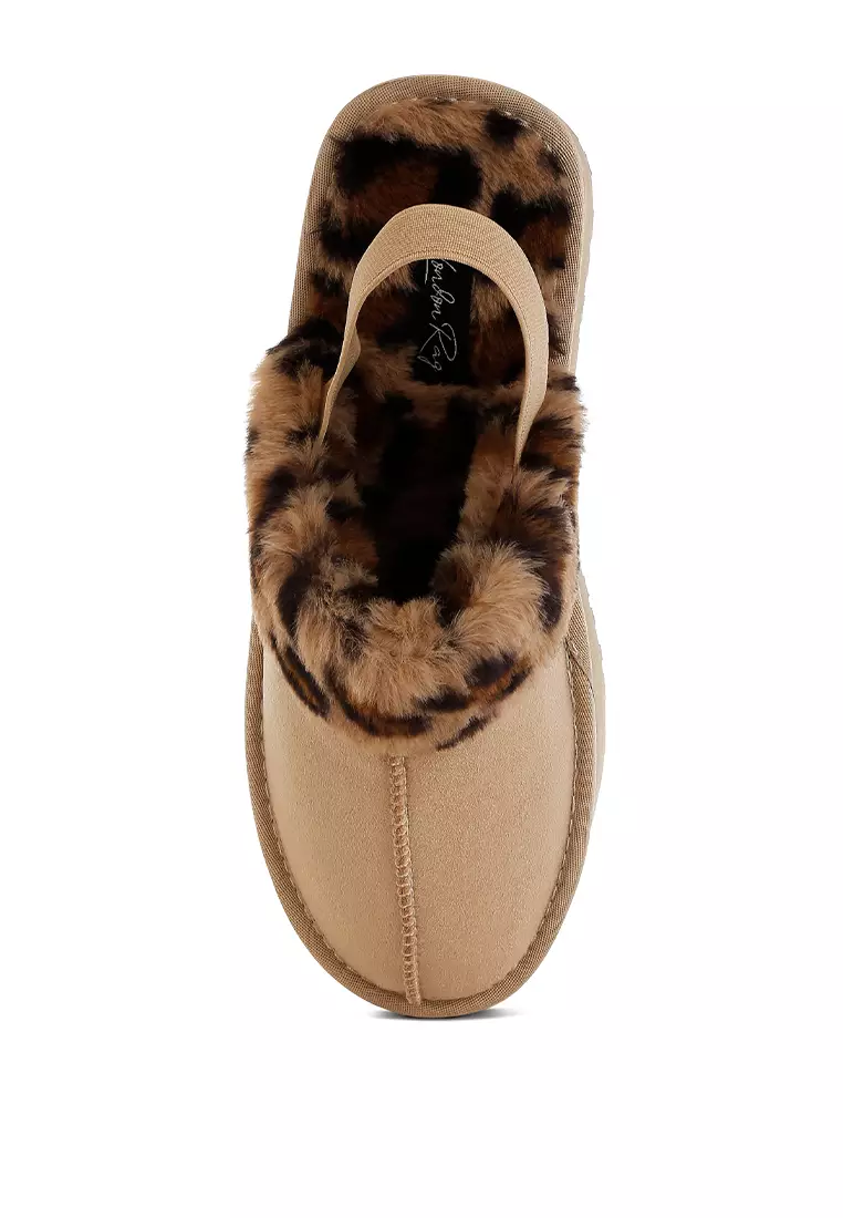 Platform Bulu Imitasi Motif Macan Tutul Slingback Klasik dalam Warna Krem