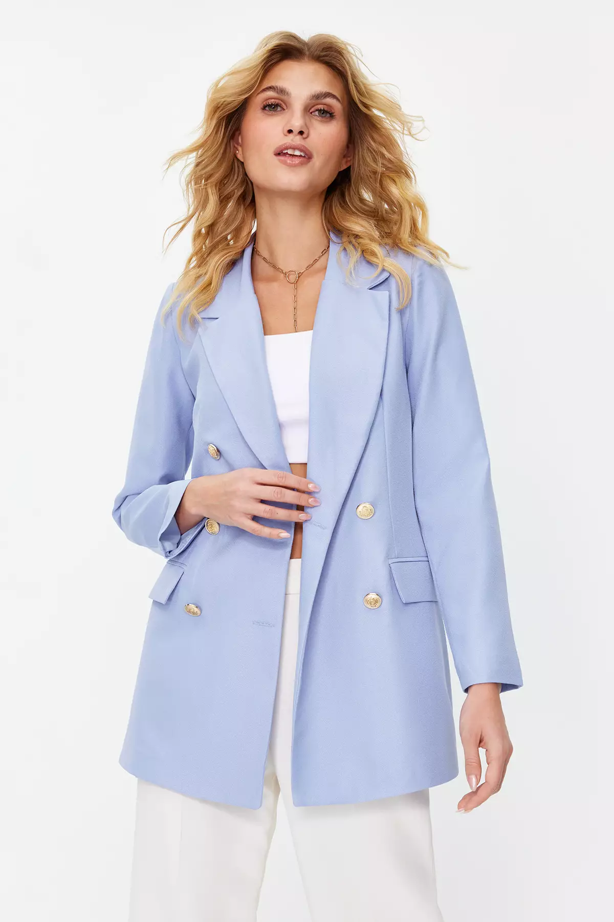 Light Blue Oversize Lined Double Breasted Closure Blazer Jacket