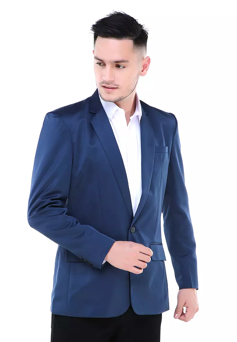 Woreq Jas Blazer Pria Premium Plain Formal Longsleeve Suit Material Polyester ORIGINAL - Navy