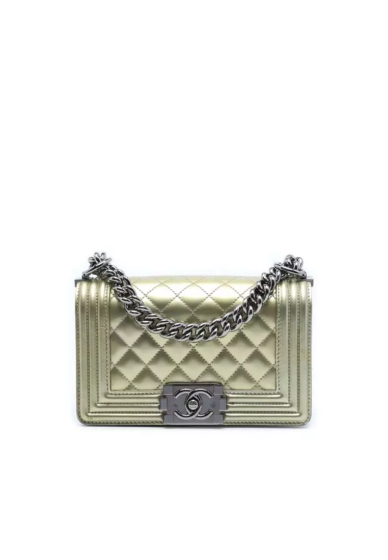 Pre-Loved Chanel Small Bicolor Quilted Metallic Patent Boy Flap