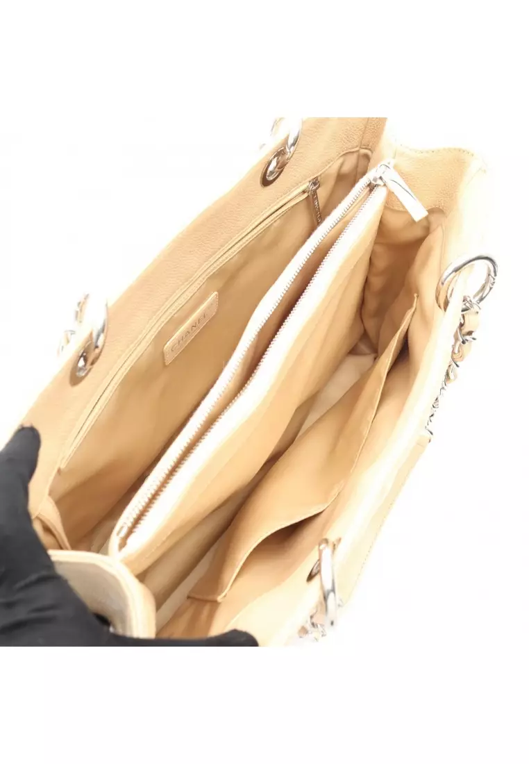 Pre-Loved Chanel matelasse grand shopping GST chain shoulder bag chain tote bag Caviar skin beige silver hardware