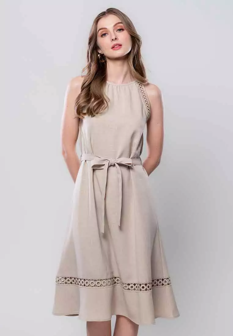 Rosaline Halter Sleeveless Dress with Trimming Detail and Sash Belt