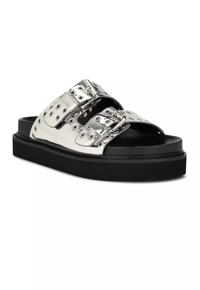 Discount on Nine West  shoes - SKU: Eleny3 Buckle Slide Sandals Silver