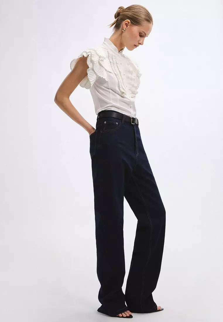 Ruffled Placket Top - White