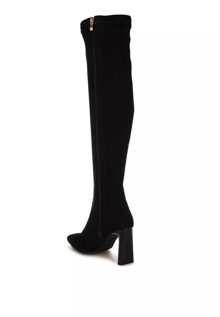 Black Slim Block Heel Long Boots