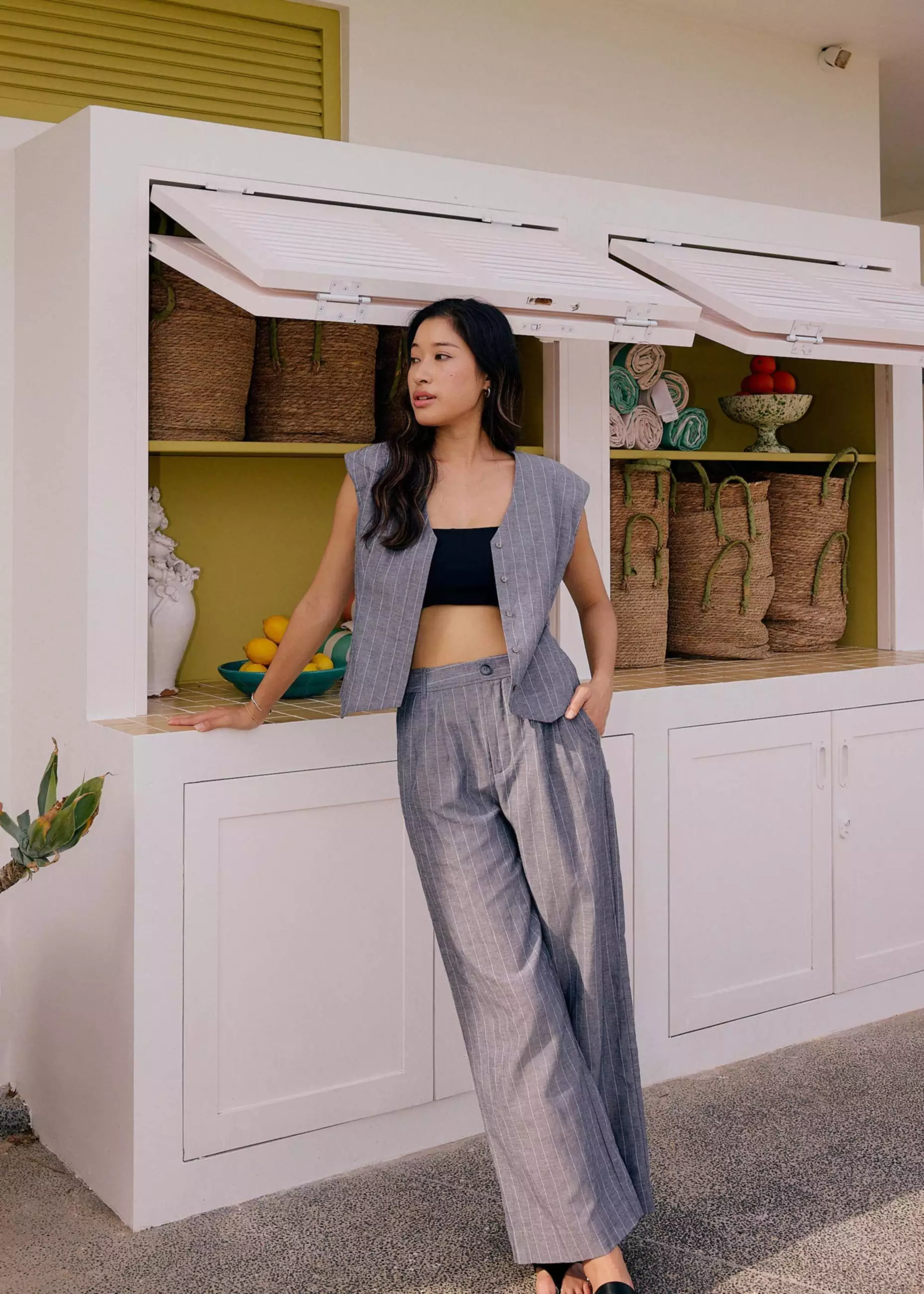 Vest Wanita - Striped Linen Vest in Indigo