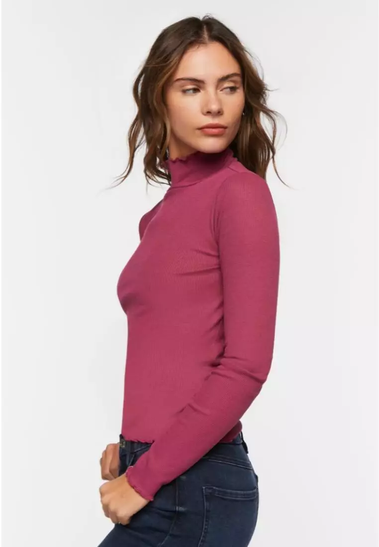 Buy FOREVER 21 Ribbed Lettuce Edge Mock Neck Top 2024 Online
