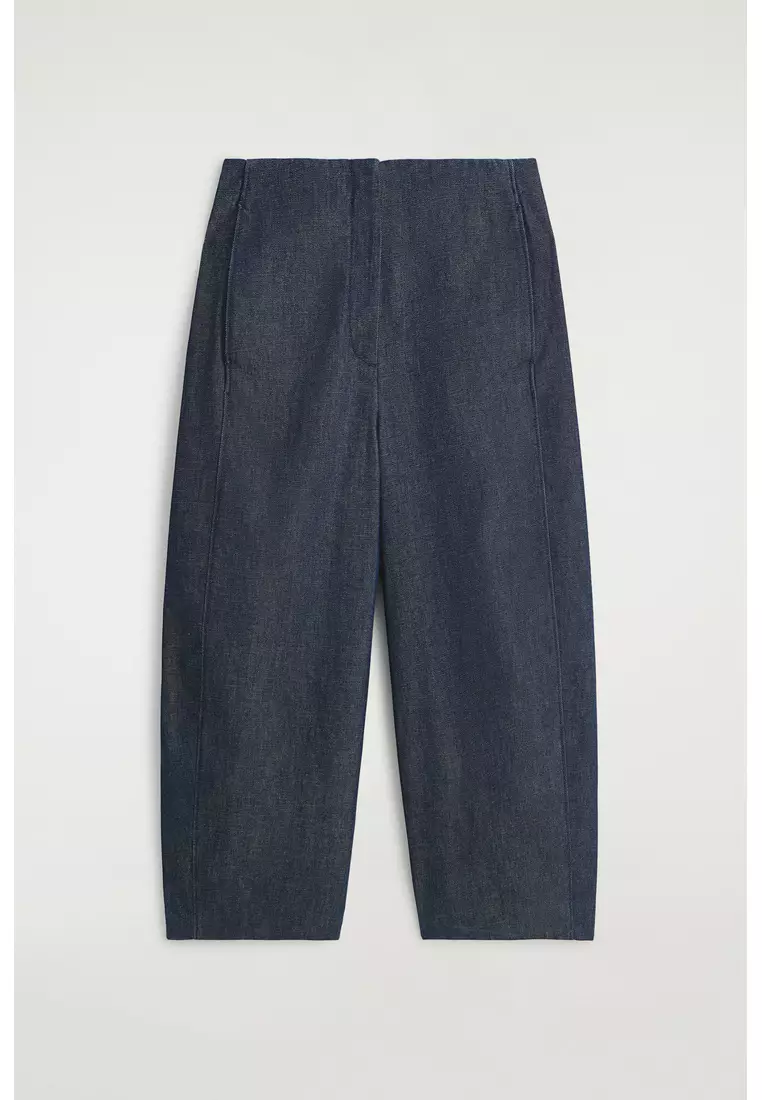RAW DENIM CROPPED BARREL-LEG TROUSERS