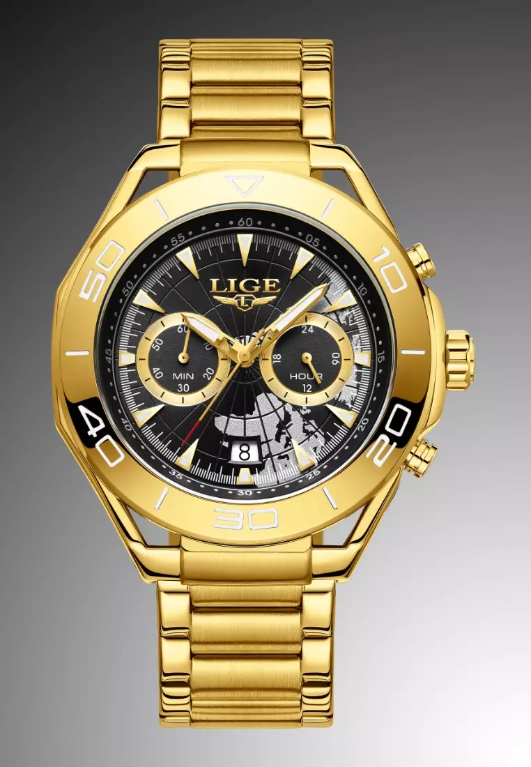 Chronograph Unisex IP Gold Color Stainless Steel Quartz Watch, 48mm, stainless steel bracelet