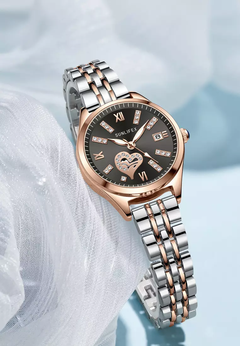 Jam Tangan Wanita 6000 Calendar Berlian Elegan Santai Jam Tangan Cewek roseblack