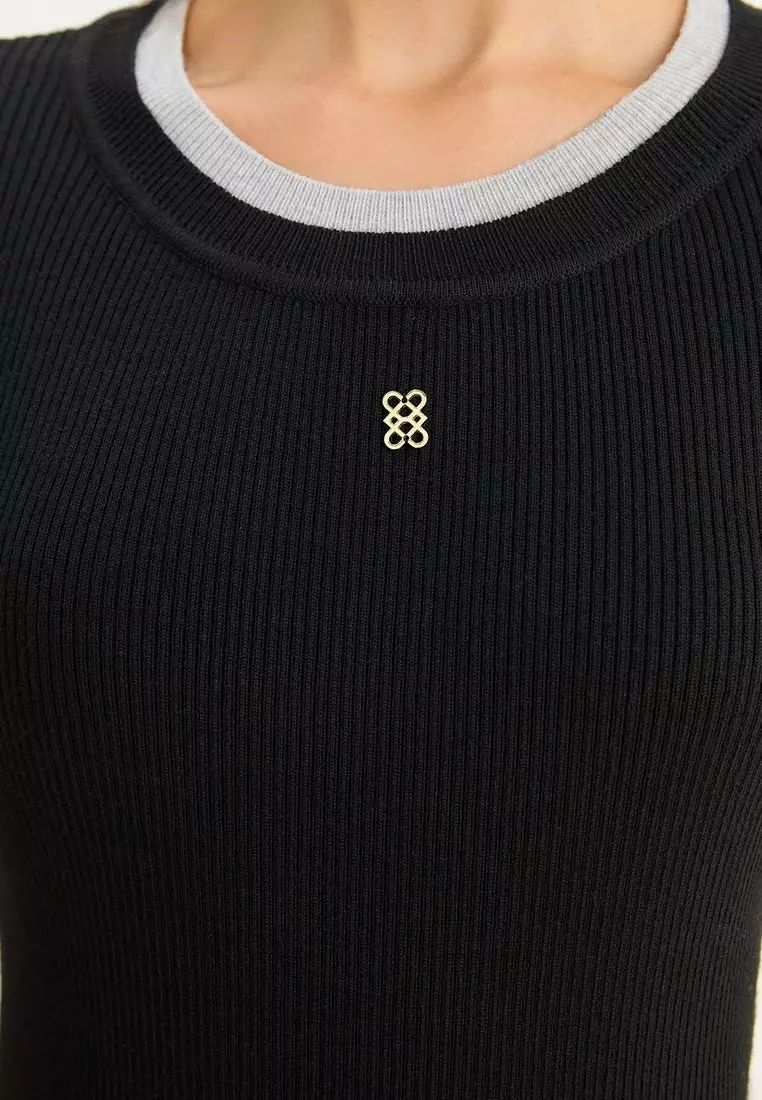 Ribbed Long Sleeve Knit Top - Black