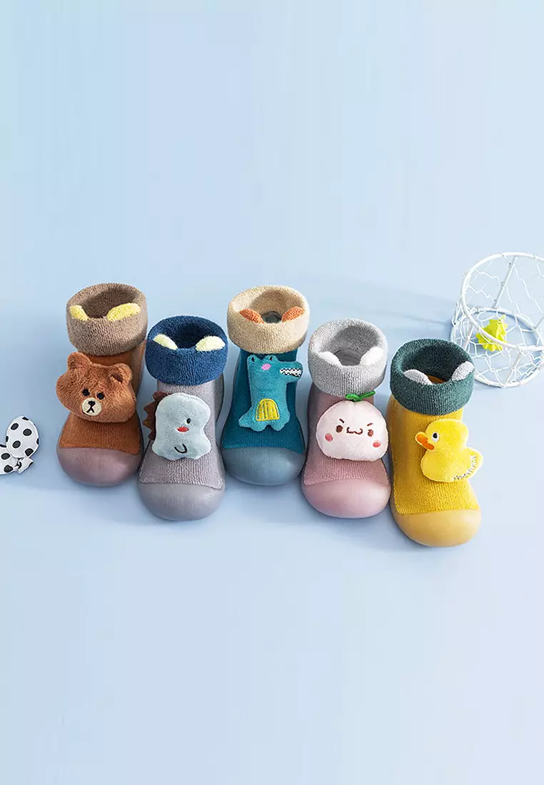Kaos Kaki Sepatu Bayi Prewalker Anak Anti Slip Motif Karakter Boneka 3D Alas Karet Import Venrc Bear Coklat