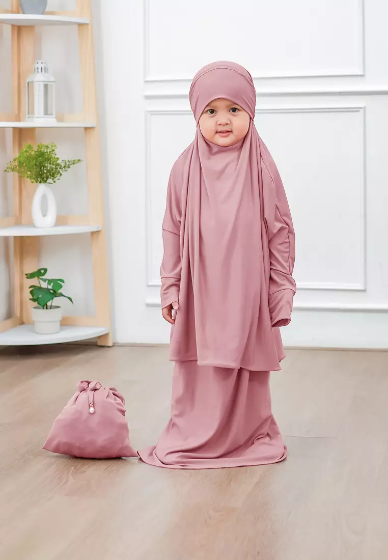 Zelena - Raudhia Prayer Set Anak | Set Mukena French Khimar - Rose Tan