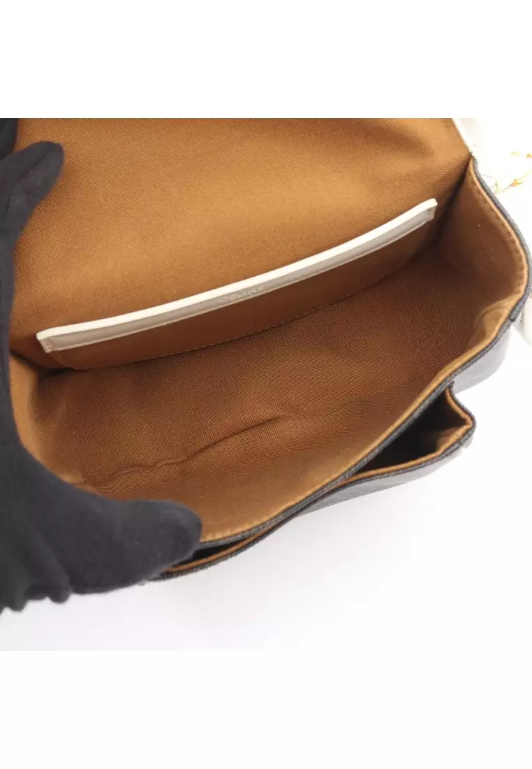 Pre-Loved Celine Folco medium bag Triomphe Shoulder bag PVC leather black Brown white