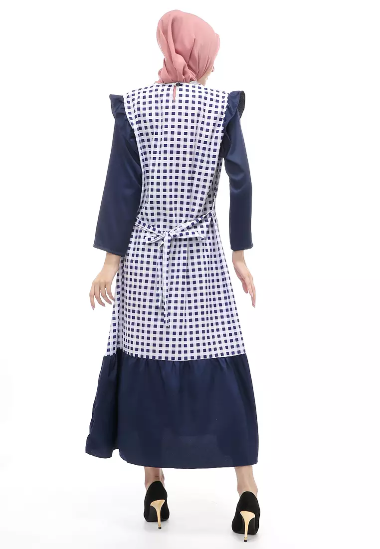 Ghina Gamis Tartan Muslimah Long Casual Wanita Regular Fit - Navy
