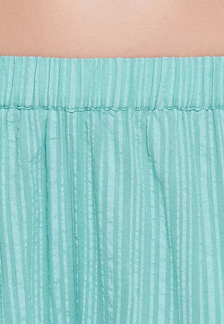 Clovia Sassy Stripes Button Down Shirt & Pyjama in Cyan Blue - Cotton