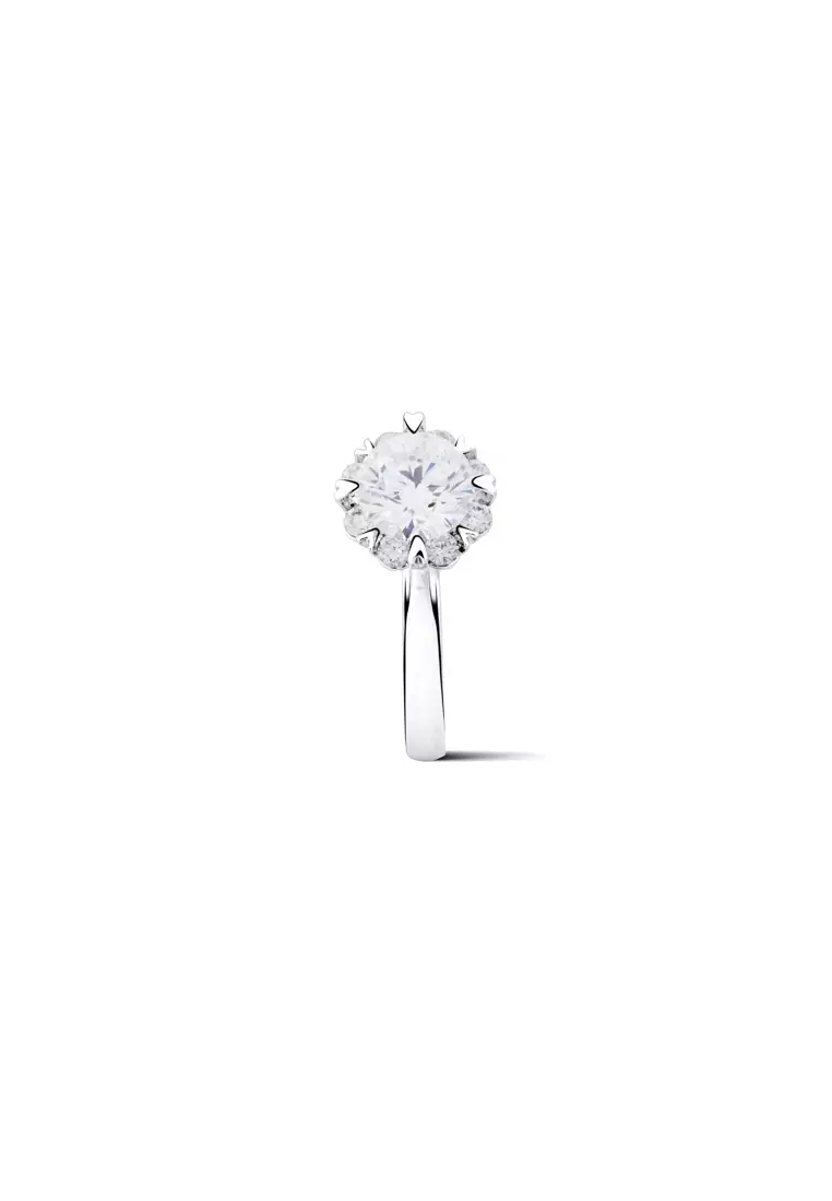 1.03ct Round Certified Lab Grown Diamond Petal Halo Engagement Ring with Pavé Band in 18K White Gold